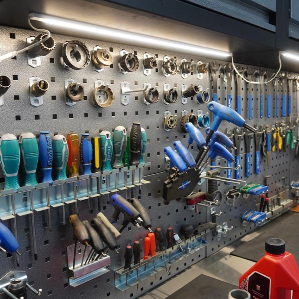 Detailed bicycle workshop tools on pegboard
